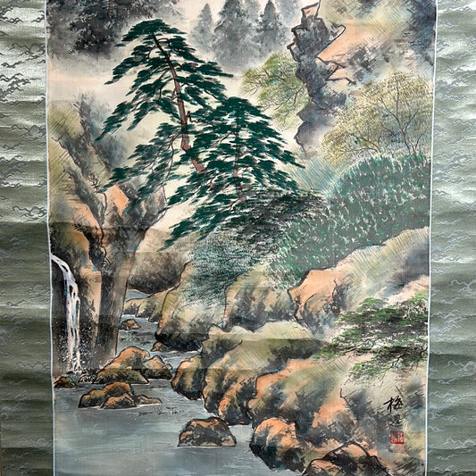 Japanese Vintage Scroll Kakejiku Hand Painted Showa Era Mountain Stream