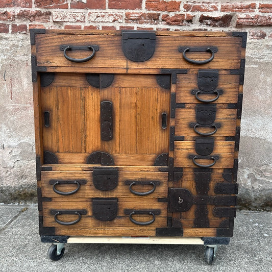 Antique Japanese Chobadansu Merchant Chest Sugi Iron Hardware Dated Meiji 1880