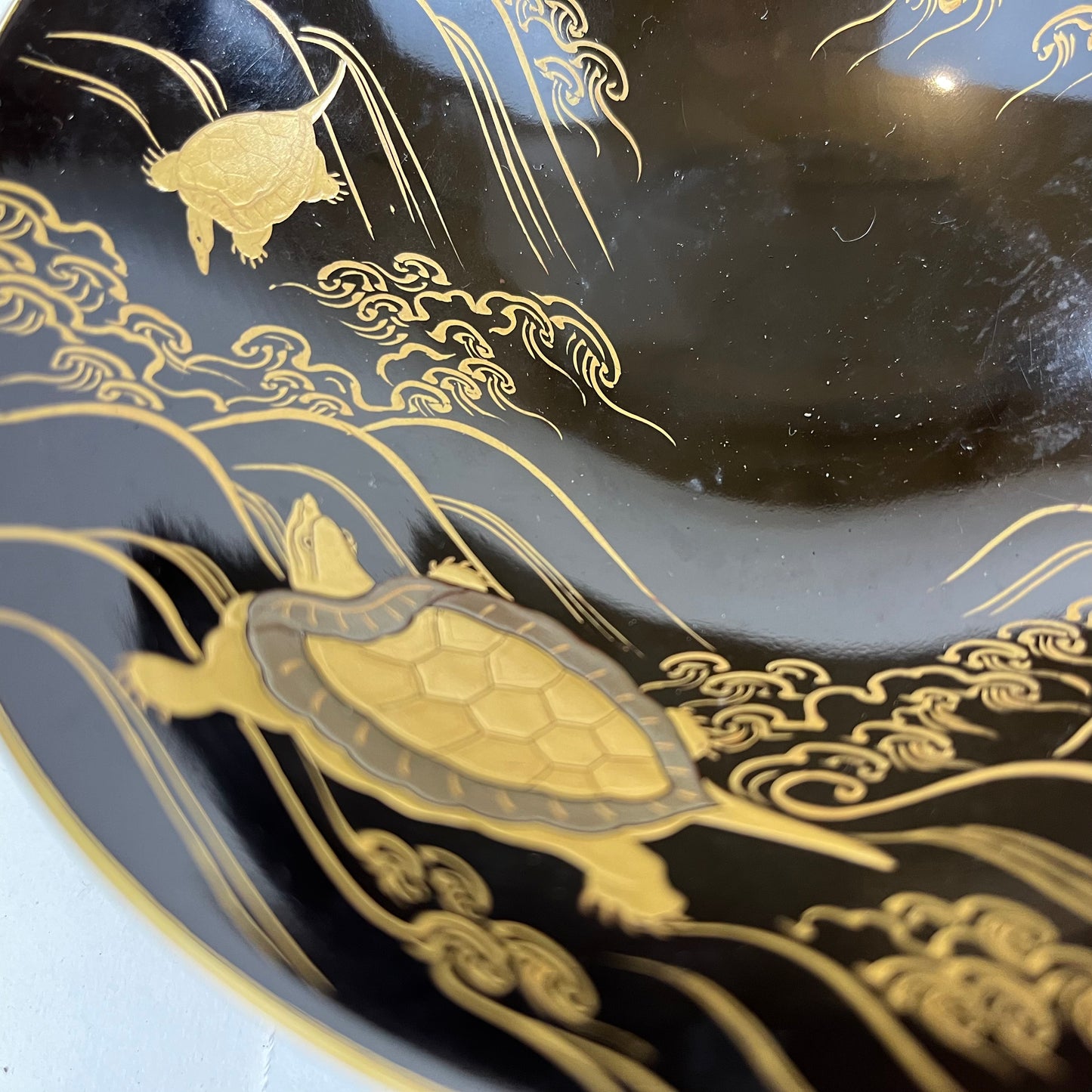 Antique Japanese Edo Era (Dated 1776) Black Lacquer Bowl (1) Gold Makie Turtles & Cranes 5.25"