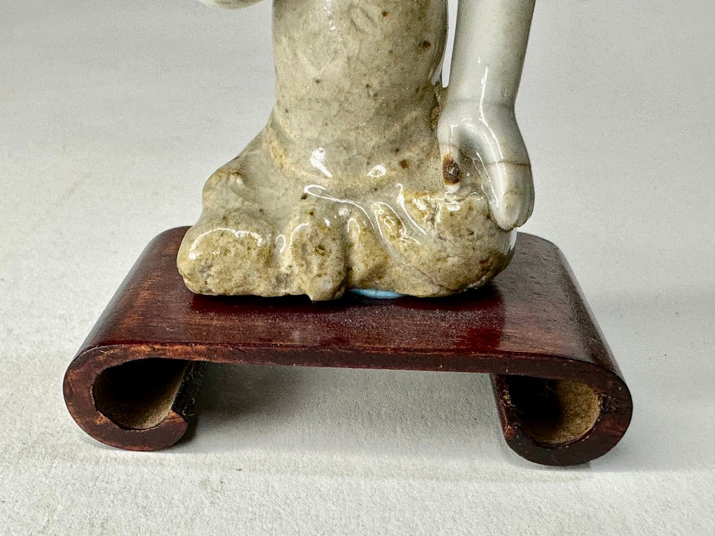 Chinese Pale Glazed Earthenware Buddhist Deity Figure Lotus Hardwood Stand 3.5"