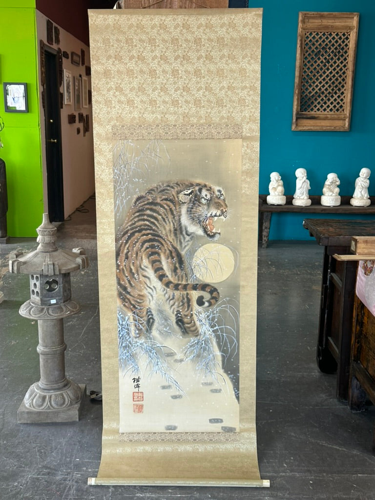 Antique Japanese Kakejiku Hanging Scroll Hand Painted Tiger Snow Moon Taisho Showa 78"L