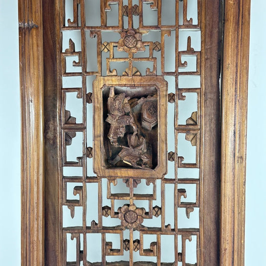 Antique Chinese Qing Carved Wood Lattice Window Shutter Panel 32″H