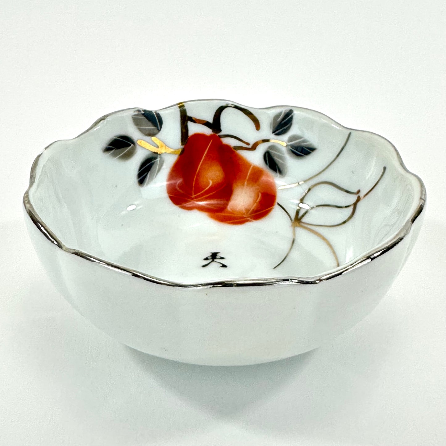 Vintage Japanese Porcelain Cup with Persimmon Motif Silver-Rimmed 3″