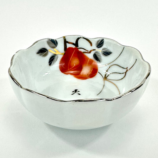 Vintage Japanese Porcelain Cup with Persimmon Motif Silver-Rimmed 3″
