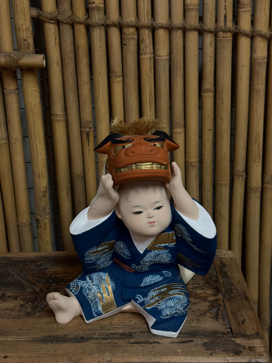 Vintage Japanese Hakata Hand Painted Doll Ceramic Boy w/ Foo Dog Mask 10"H