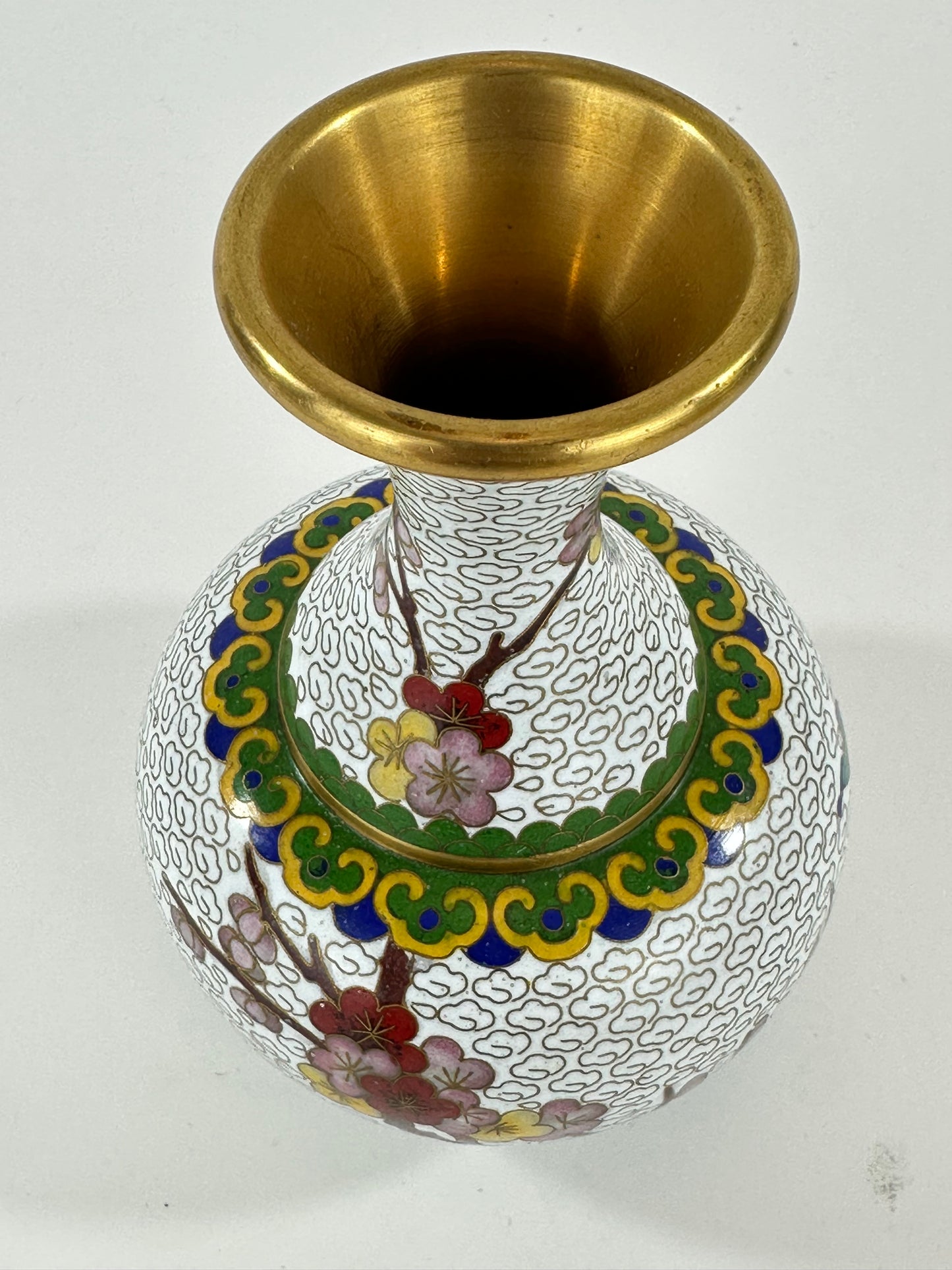 Vintage Chinese White Cloisonné Vase w/ plum blossoms 6”