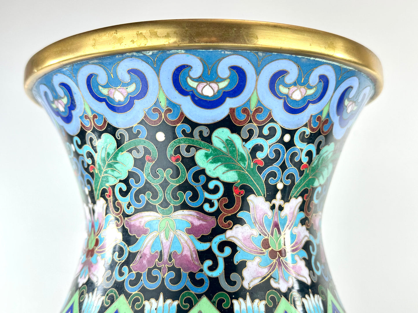 Vintage Chinese Cloisonne Vase Pair Black Ground Peony Pheasant Polychrome 20"H