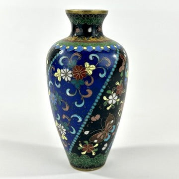 Japanese Meiji Cloisonne Shippo Baluster Vase Cobalt Black Butterfly Floral 5"H