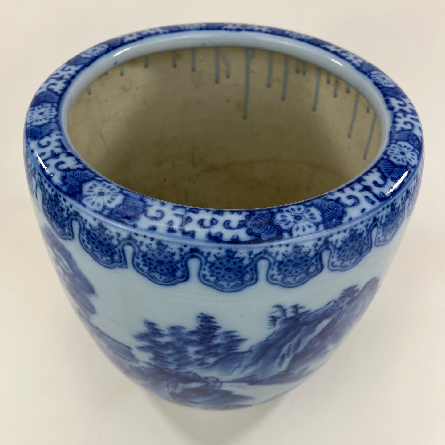Antique Japanese Meiji Era Ceramic Blue & White Hibachi Brazier mountans & water 10.5”