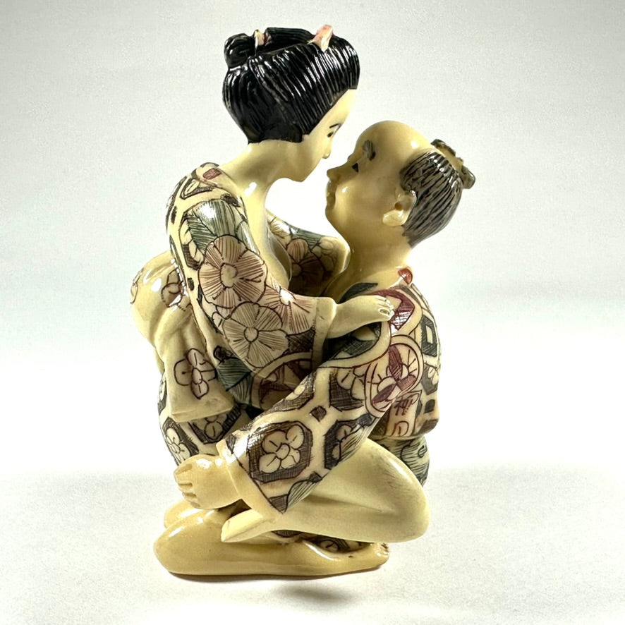 Vintage Japanese Shunga Erotic Figurine Couple Faux-Ivery Resin Hand Painted Showa c