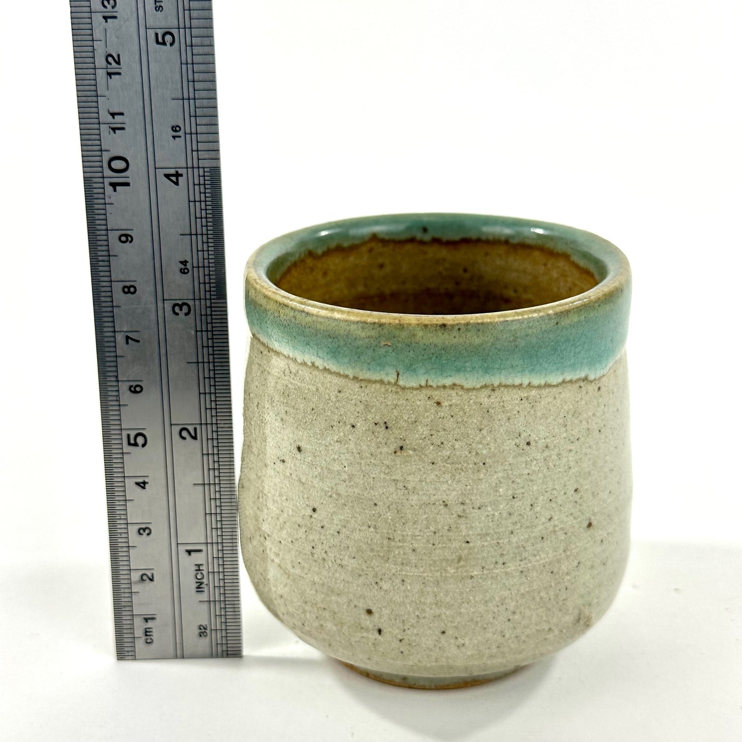 Vintage Japanese Stoneware Yunomi Tea Cup w/ Blue Green Glaze