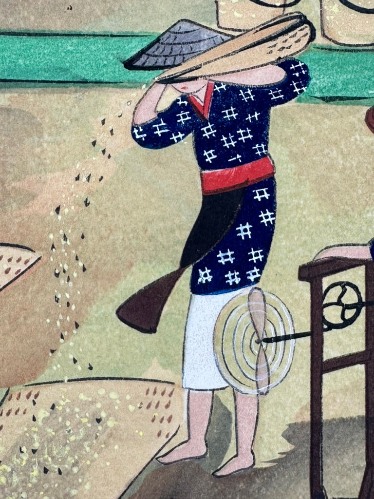 Vintage Japanese Woodblock Print Bakufu Ohno Rice Reaping Kyoto Hanga 15.25"H c1950