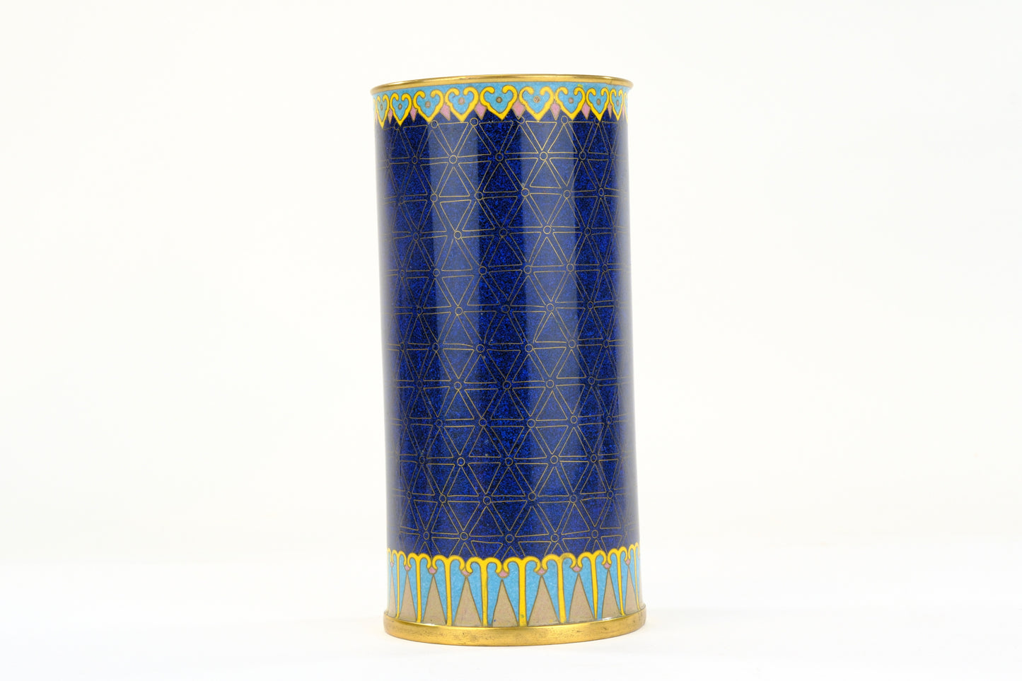 Chinese Cloisonne Enamel Brush Pot Cylinder Vase Blue Ground Scholar Objects Panel 7"H