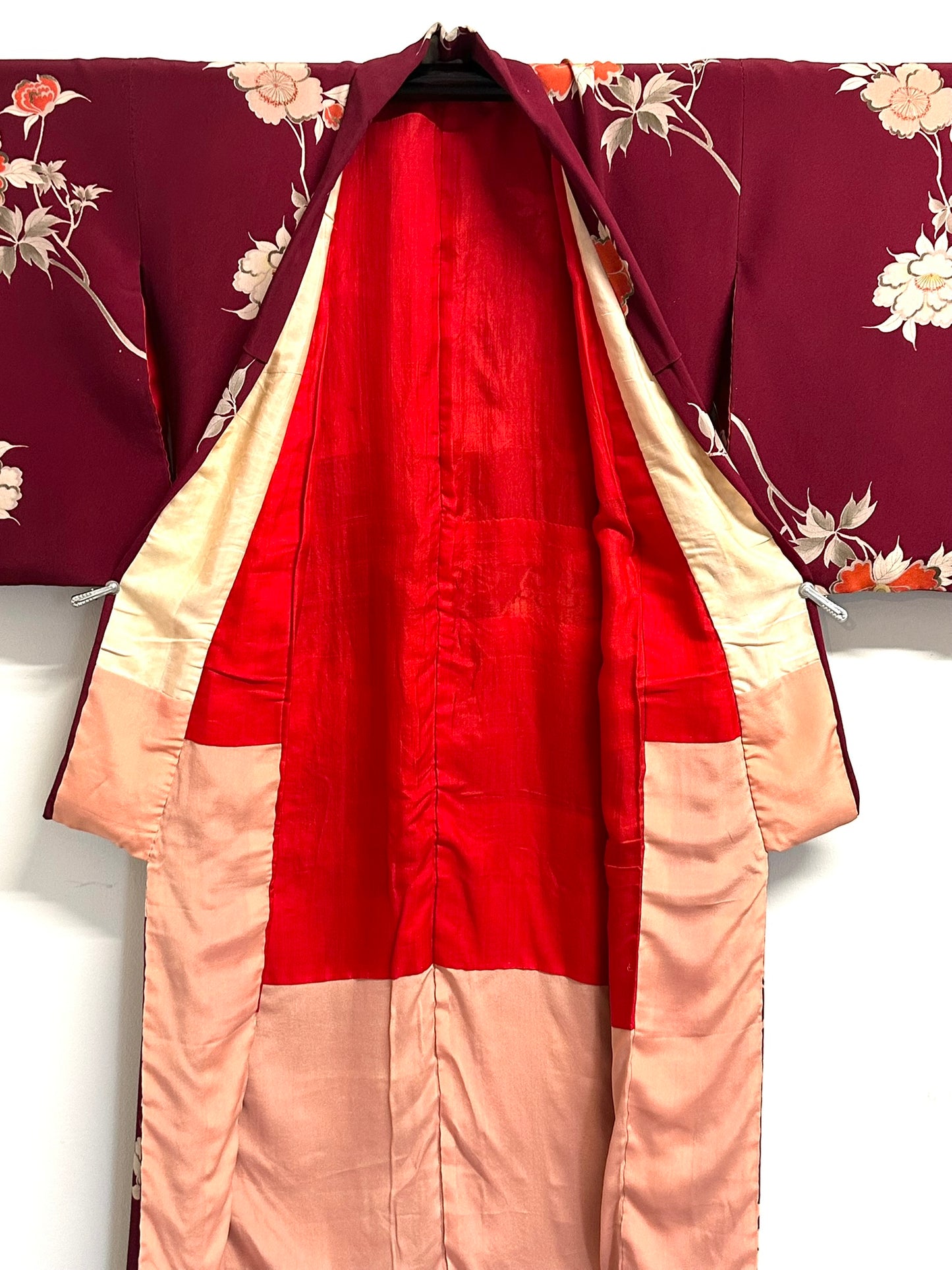 Vintage Japanese Silk Kimono Burgundy Peony Chirimen Crepe Showa