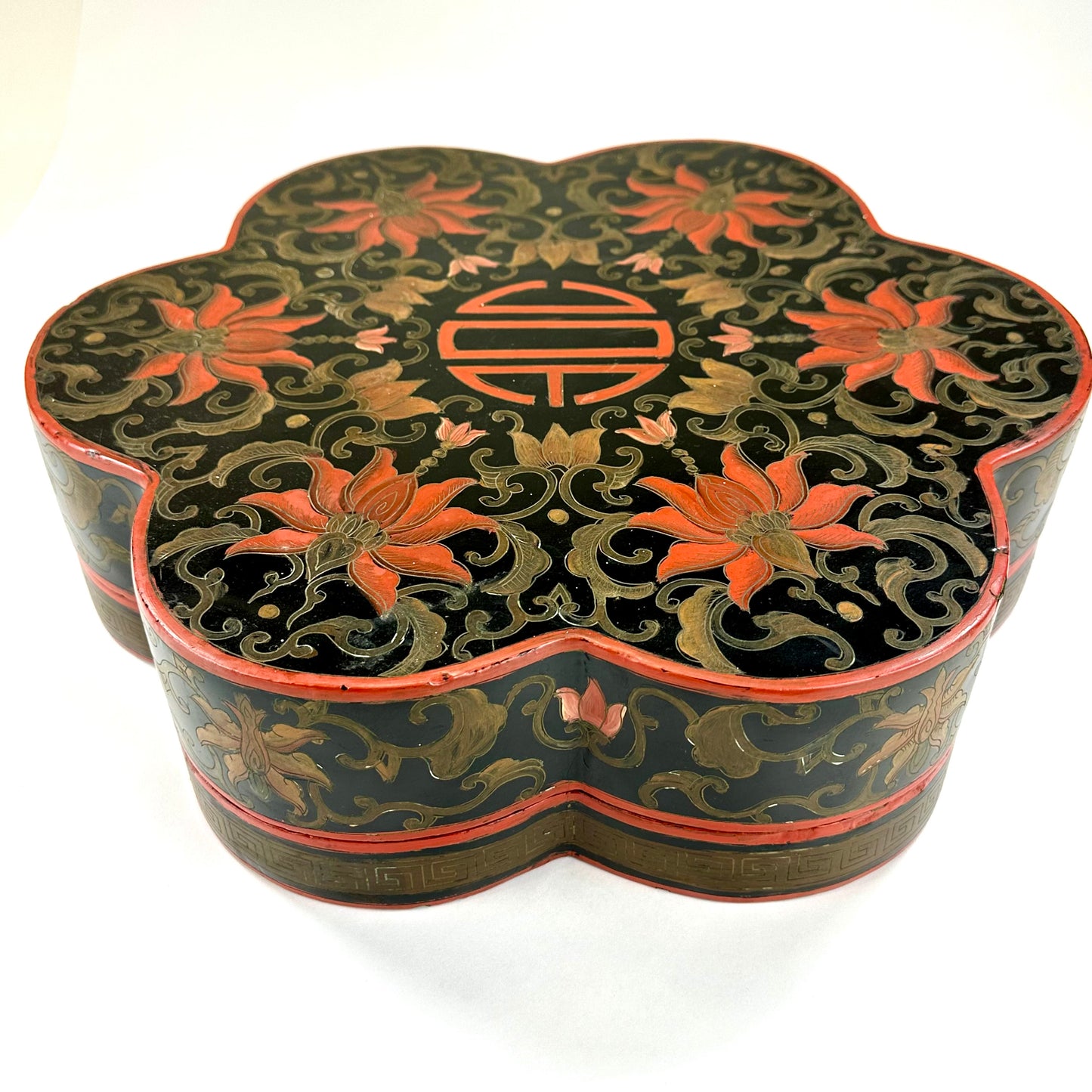 Antique Chinese Lacquer Wooden Box w/ 7 Bowls Floral Arabesque