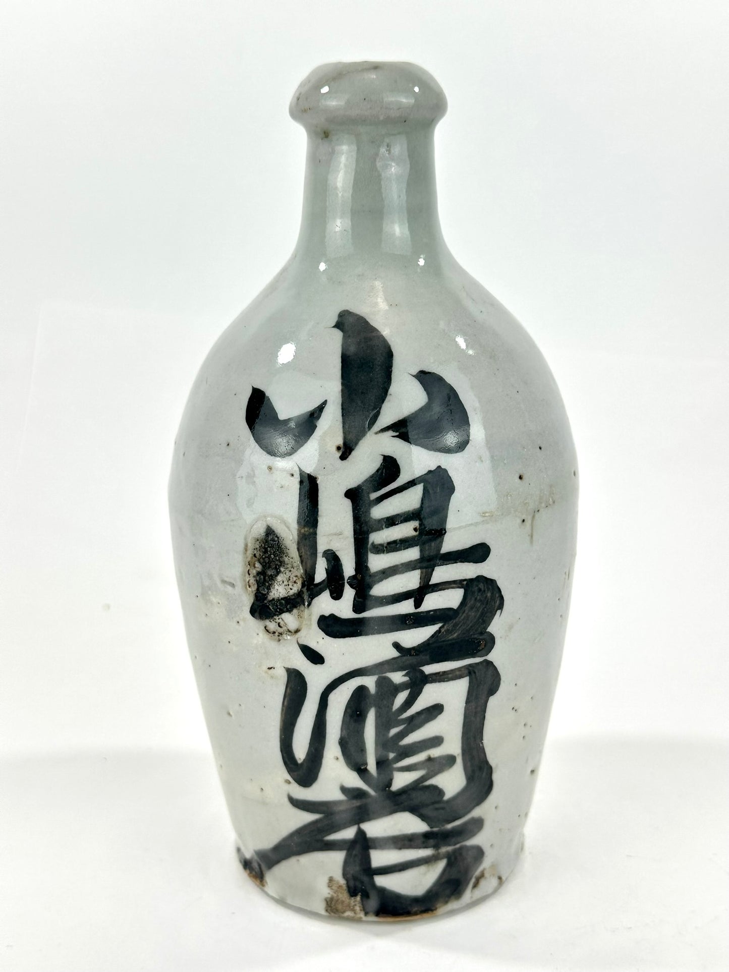 Antique Japanese Late Edo Meiji Grey Glazed Stoneware Tokkuri Sake Jug Calligraphy 9"H