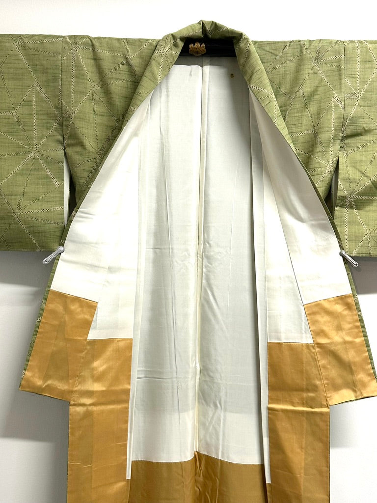 Vintage Japanese Hand Woven Tsumugi Silk Kimono Geometric Diamond Unused Showa