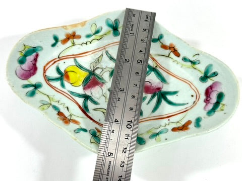 Chinese Famille Rose Porcelain Lozenge Dish Peach Longevity Floral Celadon Ground Late Qing 7.5"