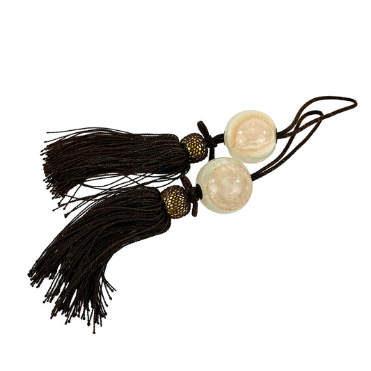 Vintage Japanese Fuchin Scroll Weights Calcite Stone Silk Tassels Pair 4cm