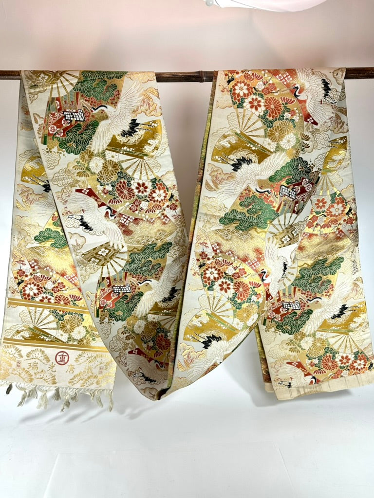 Antique Japanese Silk Maru Obi Gold Brocade Crane Fan Pine Nishijin 13'L