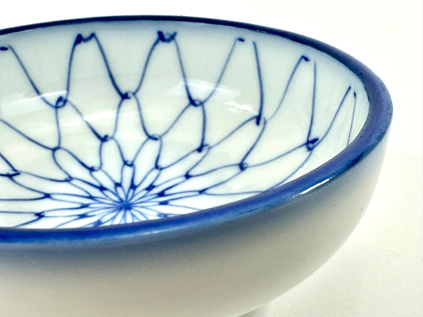 Vintage Japanese Blue-and-White Porcelain Bowl with Radiating Net Pattern 3″W