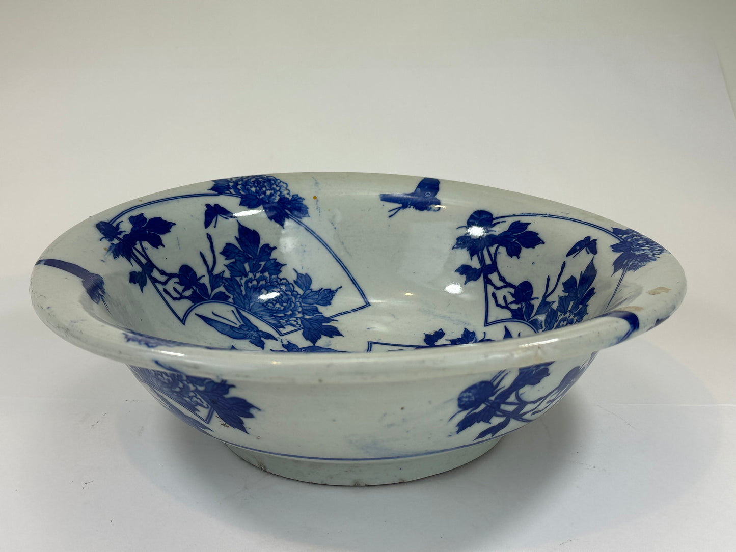 Antique Meiji Hand Painted Imari Japanese Ceramic Bowl Blue & White 11”