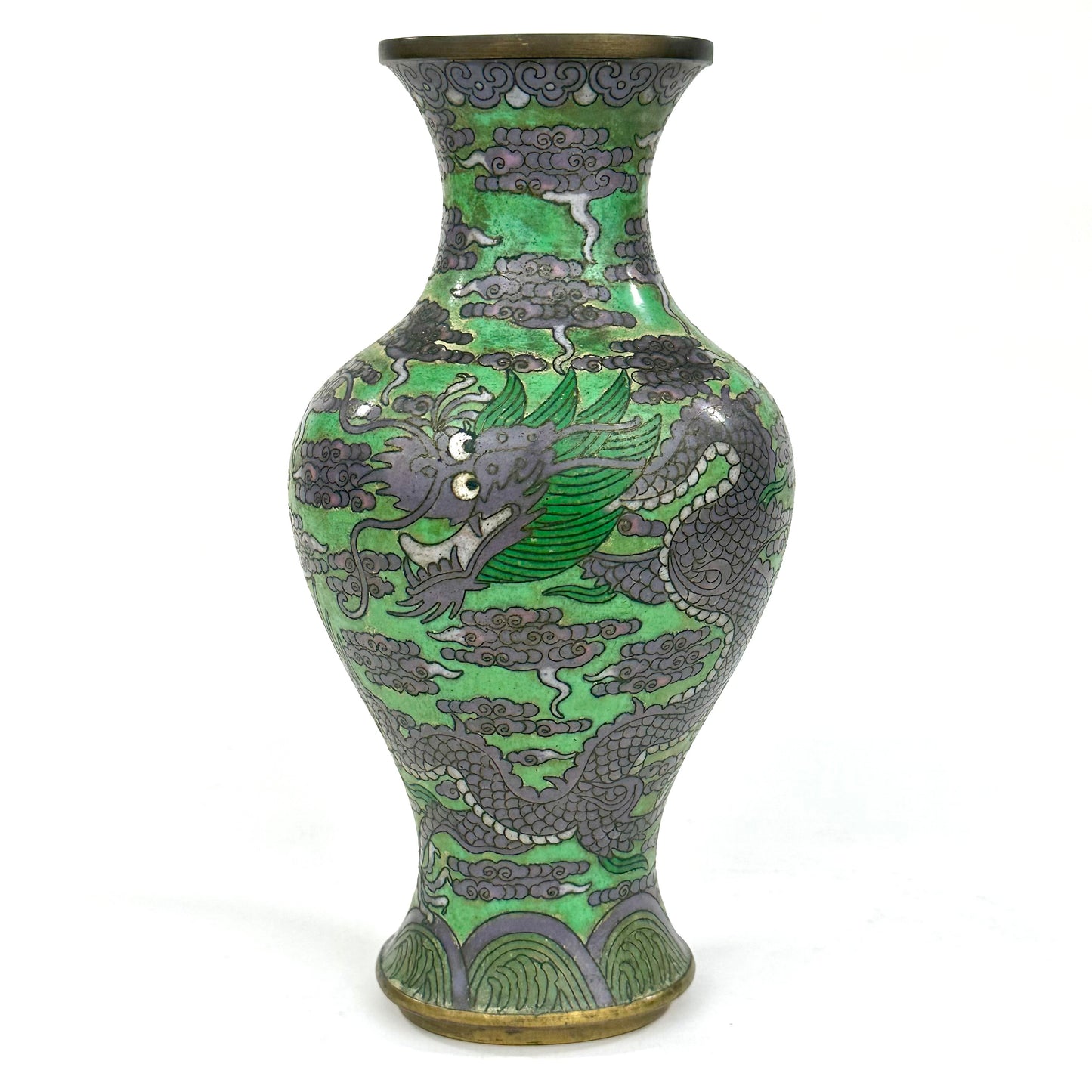 Antique Chinese Late Qing Dynasty (c1910) Cloisonné Vase Emerald Dragon 9”