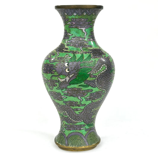 Antique Chinese Late Qing Dynasty (c1900) Cloisonné Vase Emerald Dragon 9”