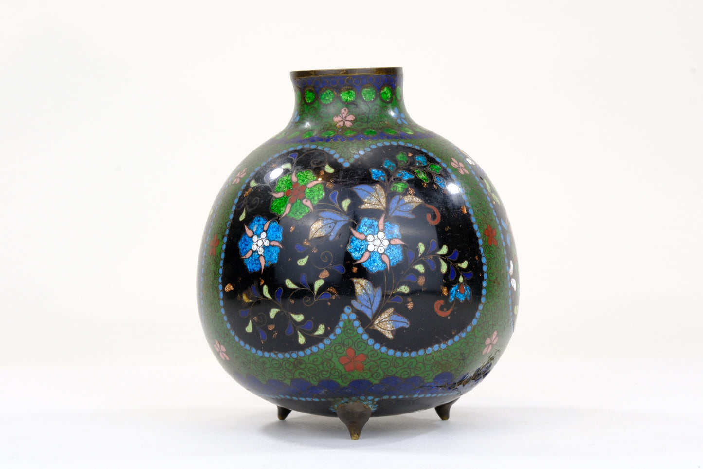 Chinese Cloisonne Enamel Jar Black Ground Polychrome Floral Fret Pattern Turquoise
