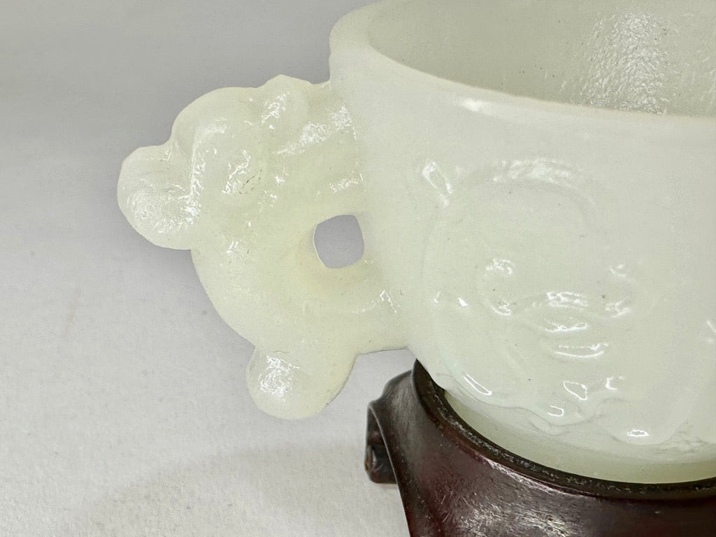 Antique Chinese Peking Glass Archaistic Censer Cup Taotie Chilong Handles Hardwood Stand 4"