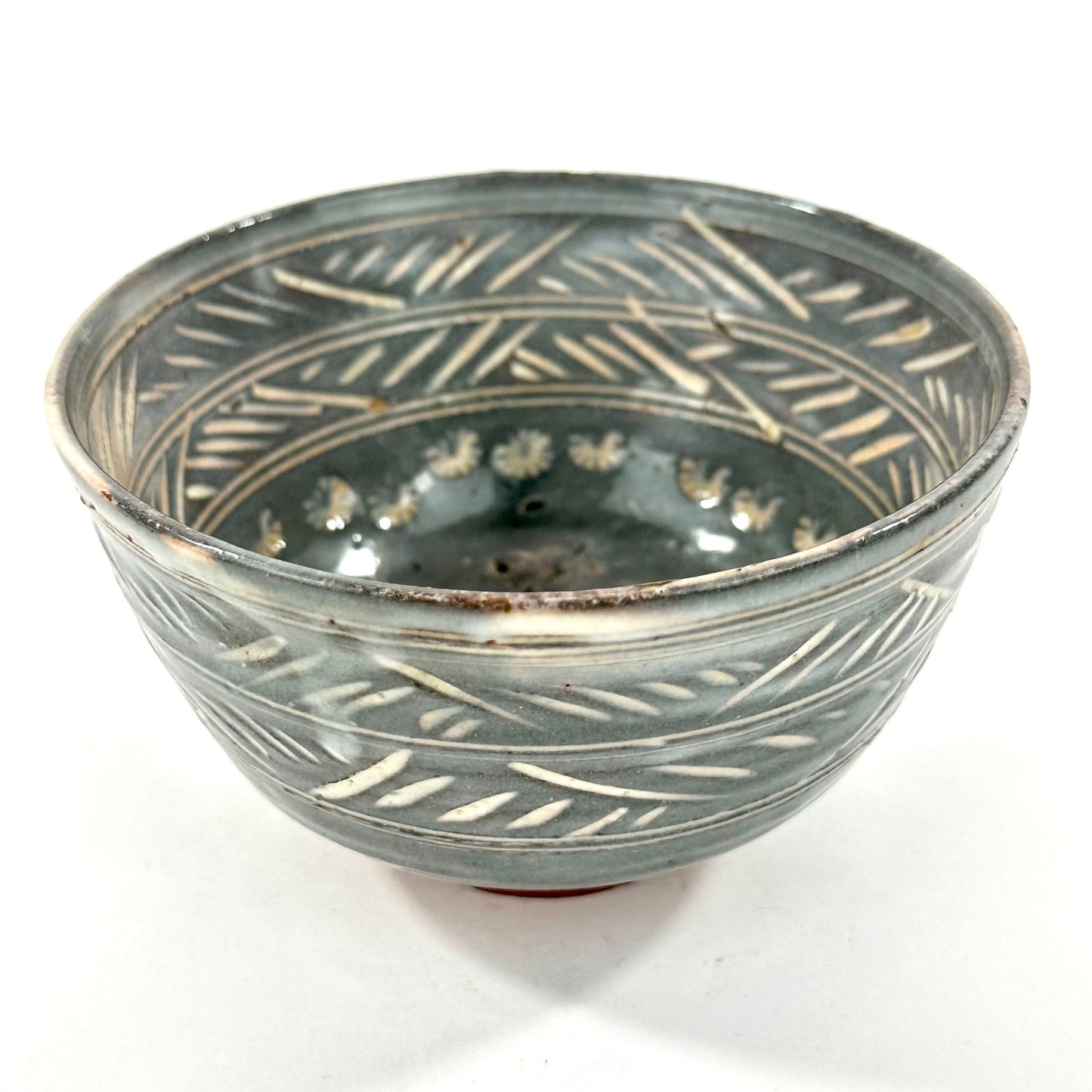 Japanese Tokoname Style Stoneware Chawan  Mishima Decoration W/ Grey Glaze Over White Slip Red Terracotta
