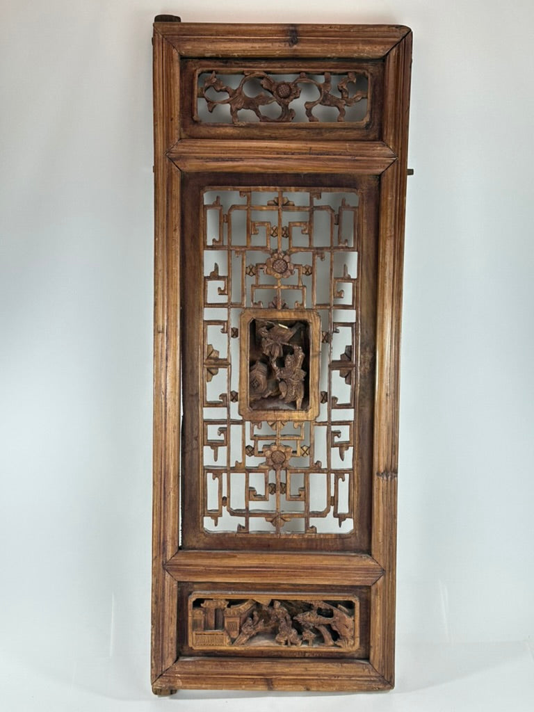 Antique Chinese Qing Carved Wood Lattice Window Shutter Panel 32″H