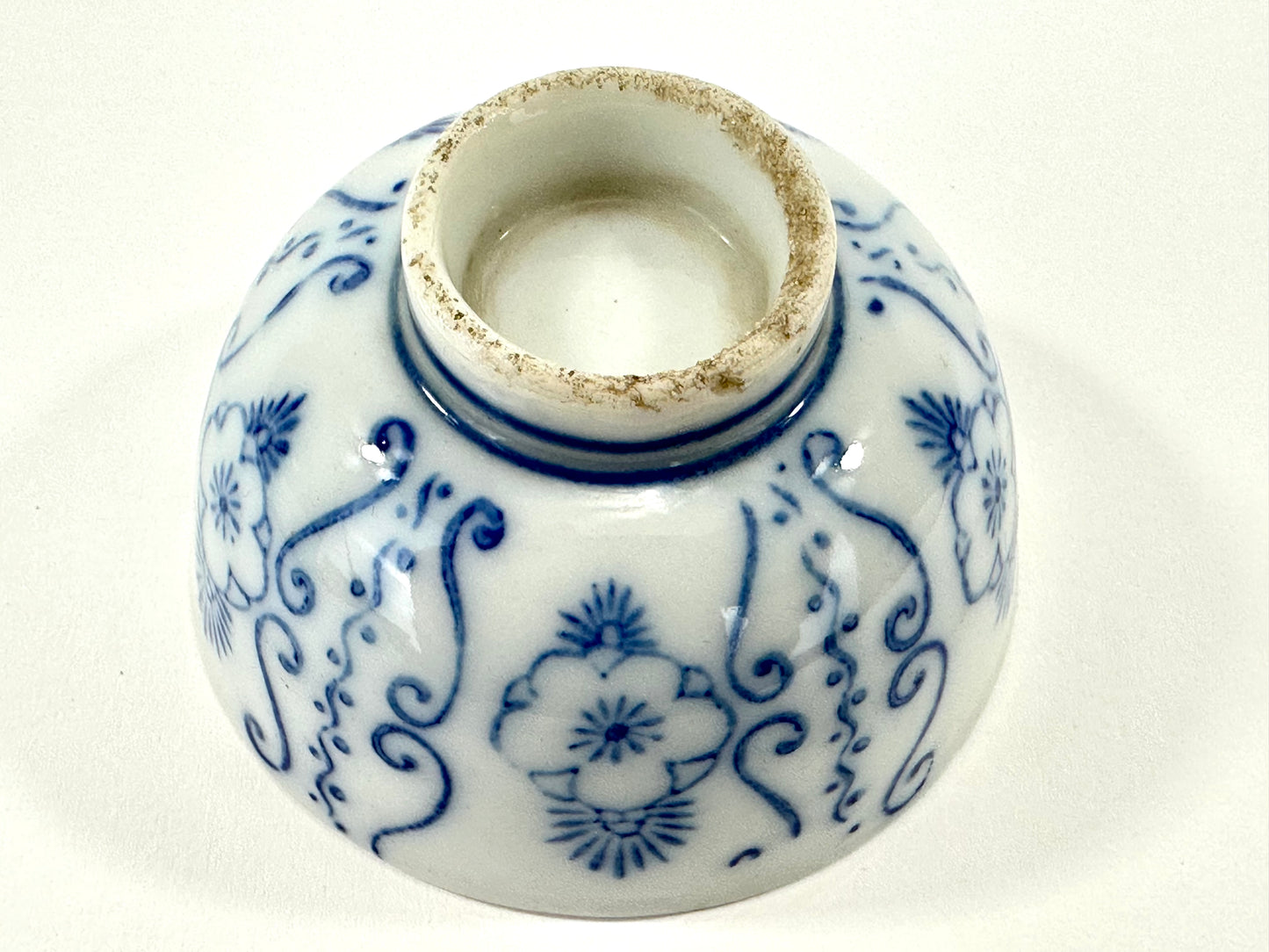Antique Japanese Porcelain Cup with Blue Floral Pattern 3"
