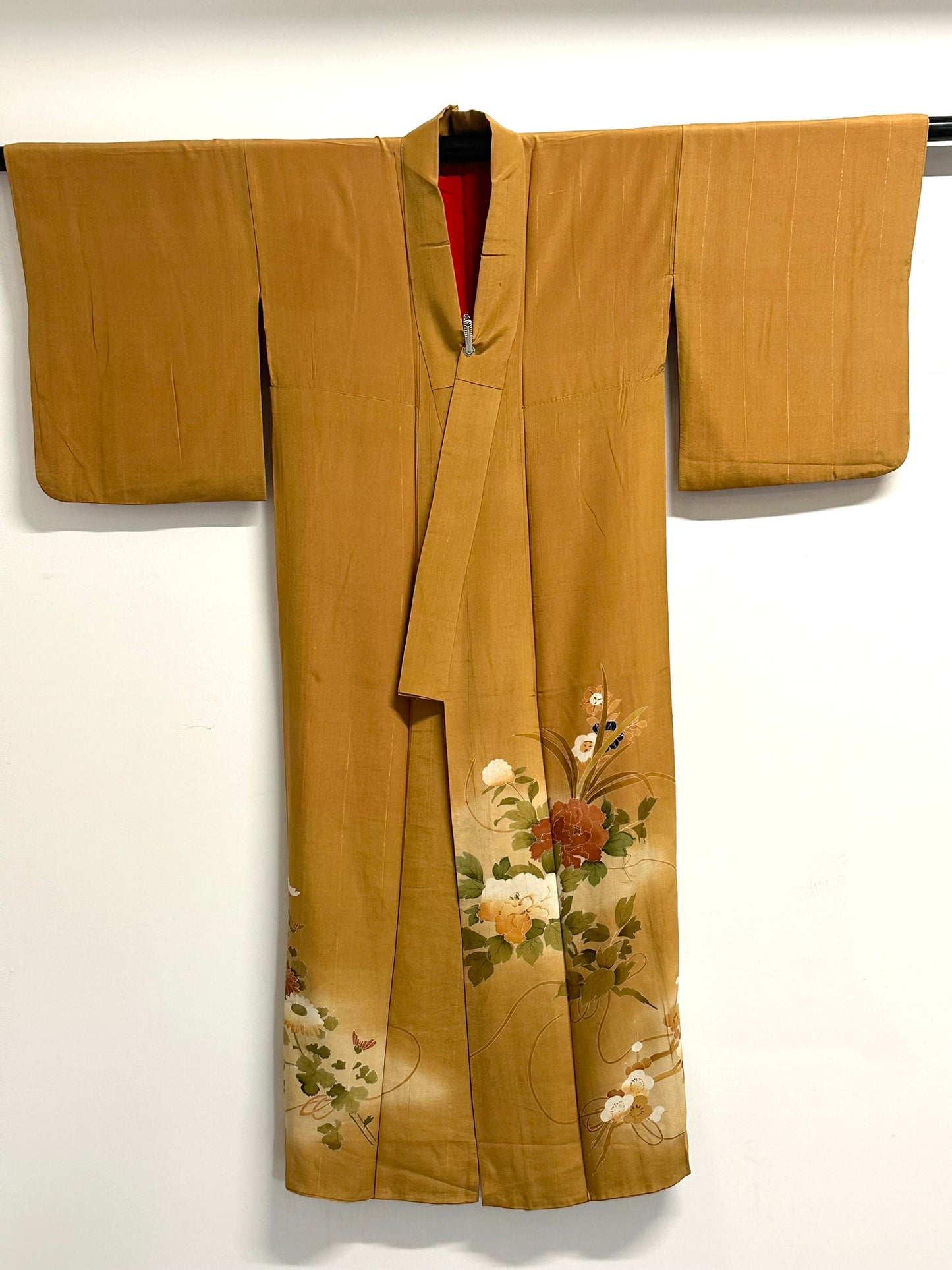 Vintage Japanese Silk Tomesode Kimono Yuzen Botan Peony Gold Amber Showa
