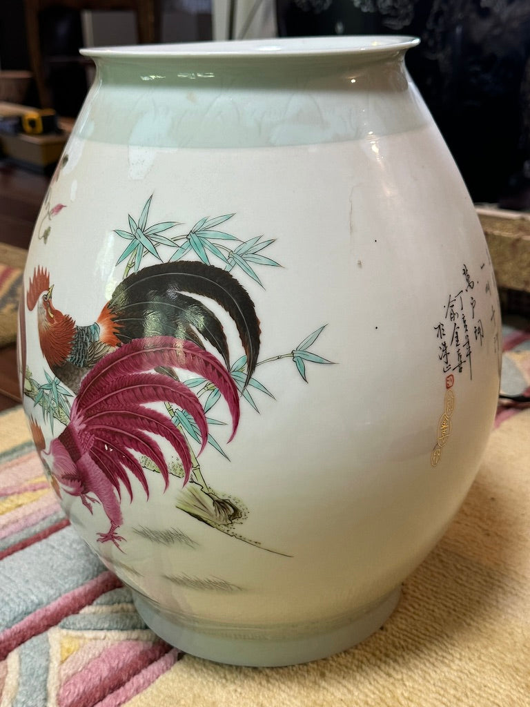 Chinese Jingdezhen Famille Rose Porcelain Vase Rooster Yu Jinxi Signed 2007 16"H 26C*GL