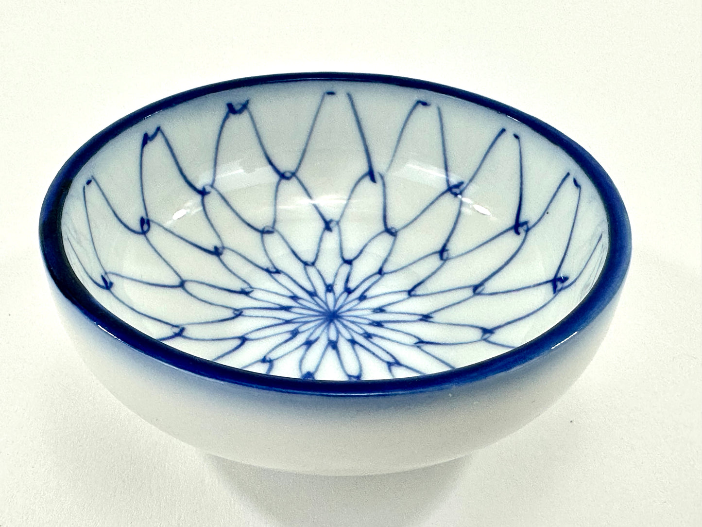 Vintage Japanese Blue-and-White Porcelain Bowl with Radiating Net Pattern 3″W