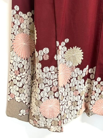 Vintage Japanese Silk Brocade Kimono Woven Kiku Chrysanthemum Burgundy Showa