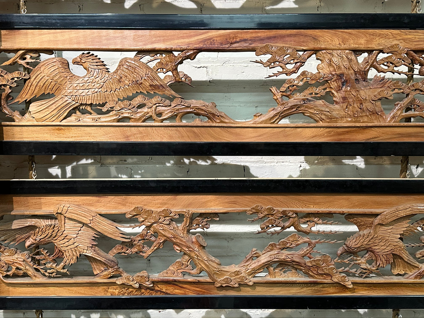 Vintage Japanese Ranma PAIR Eagles & Pines Carved Transom Screen Sugi Wood 73"