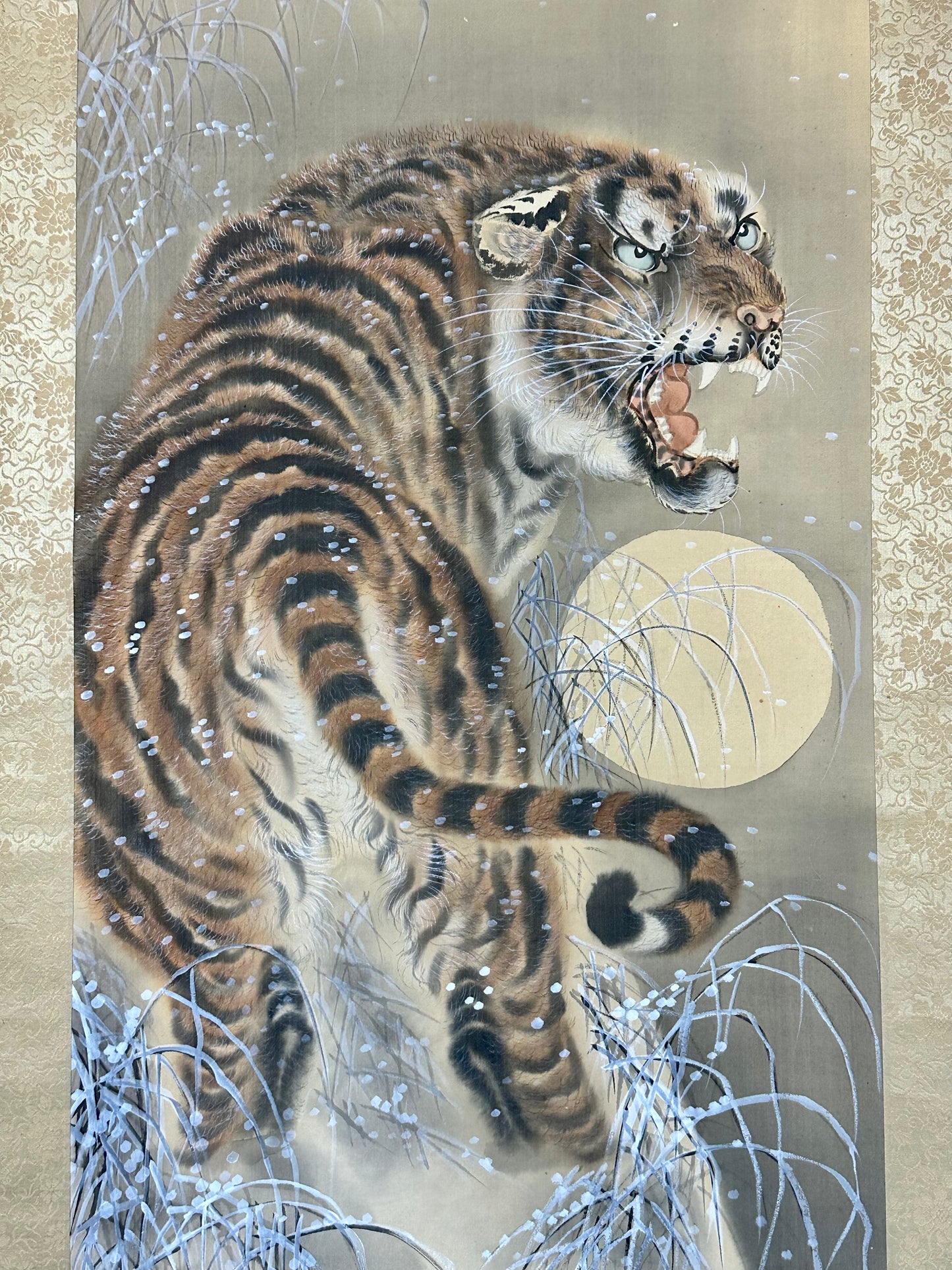 Antique Japanese Kakejiku Hanging Scroll Hand Painted Tiger Snow Moon Taisho Showa 78"L