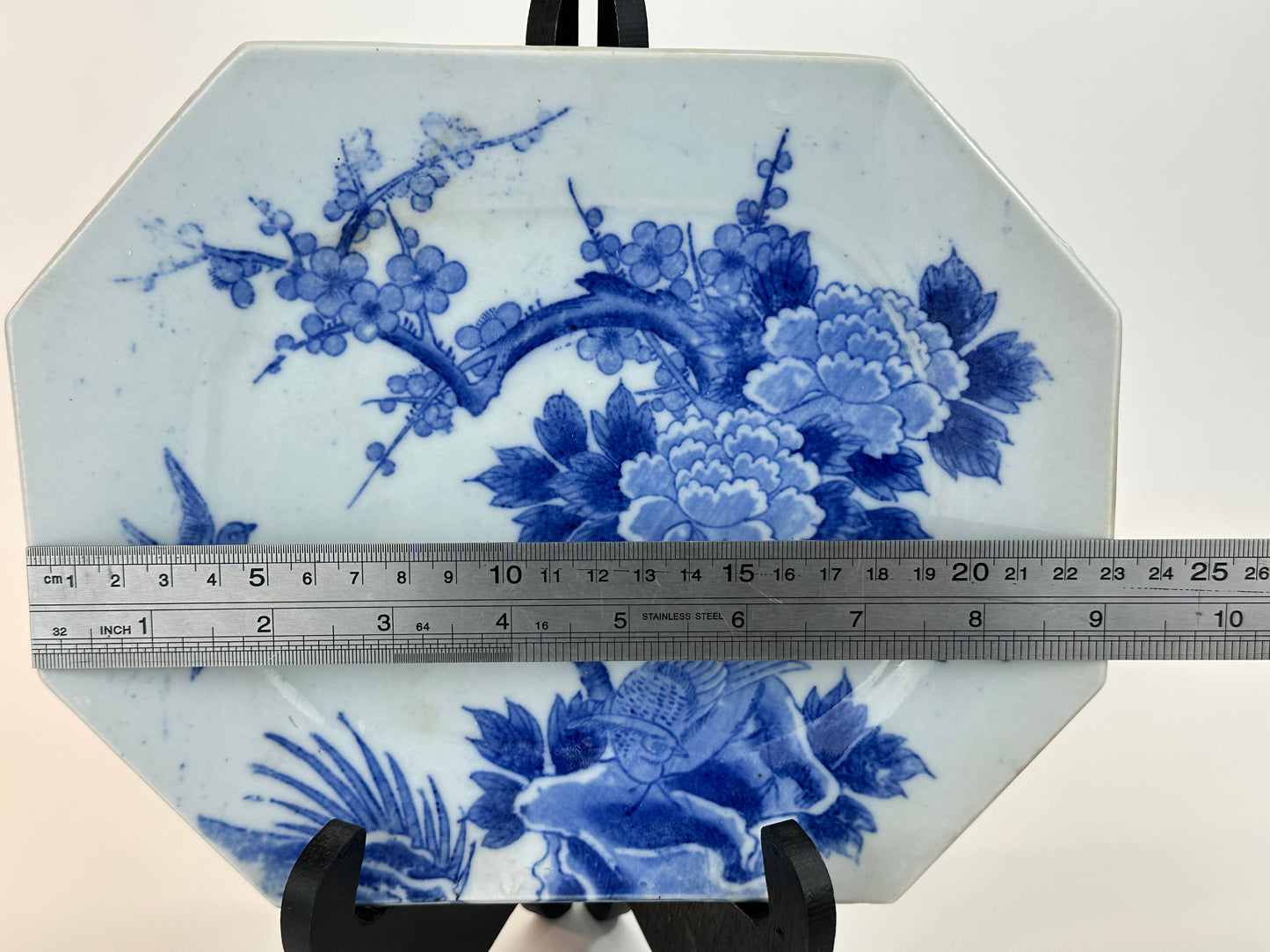 Antique Japanese Meiji Era c1880's Imari Blue & White Plate Birds Peonies 11"W