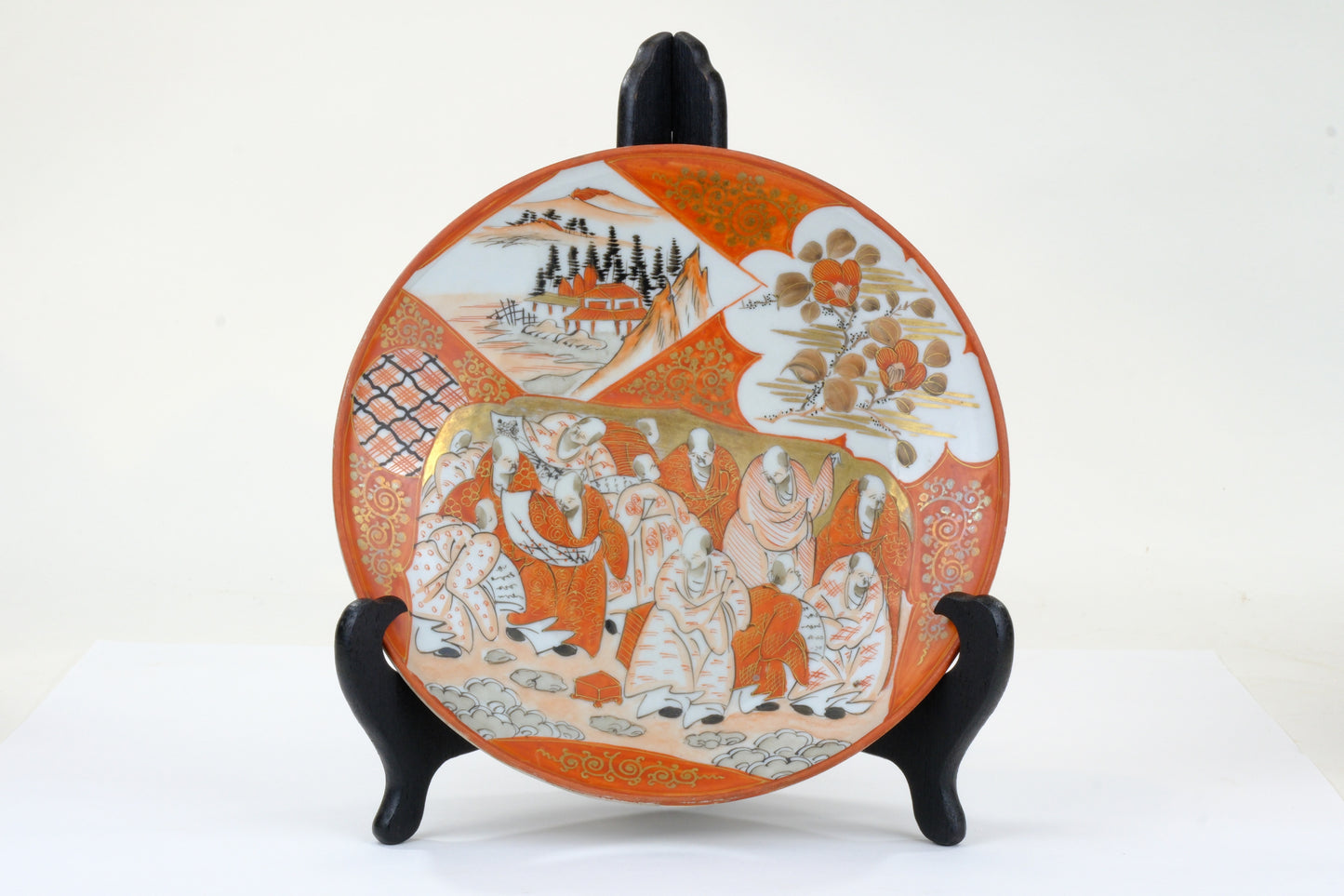 Antique Japanese Kutani Aka-e Plate Rakan Buddhist Figures Landscape Gold Meiji