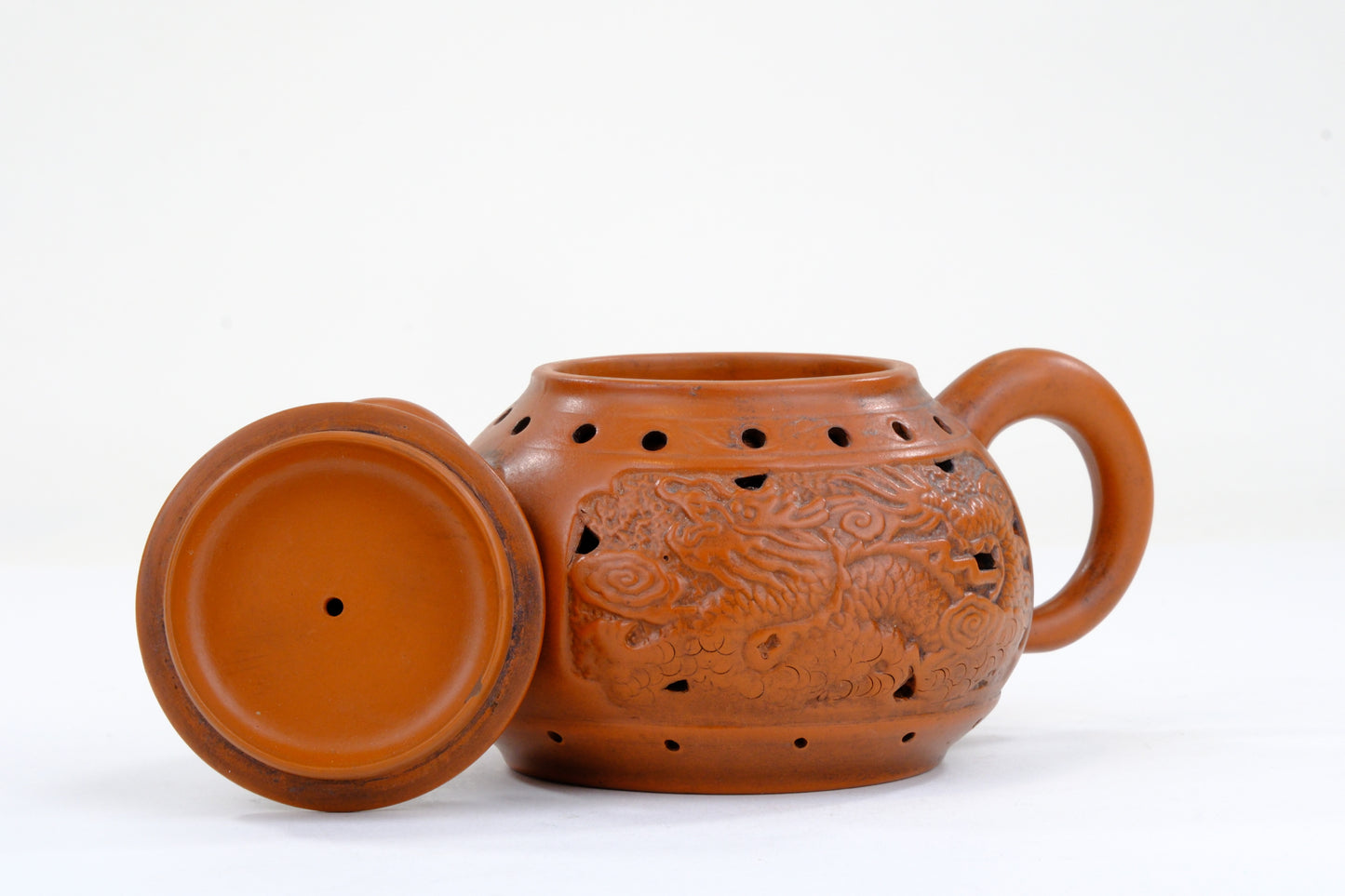 Vintage Chinese Yixing Style Teapot Double Wall Dragon Relief Shishi Finial Hongni Clay 6"