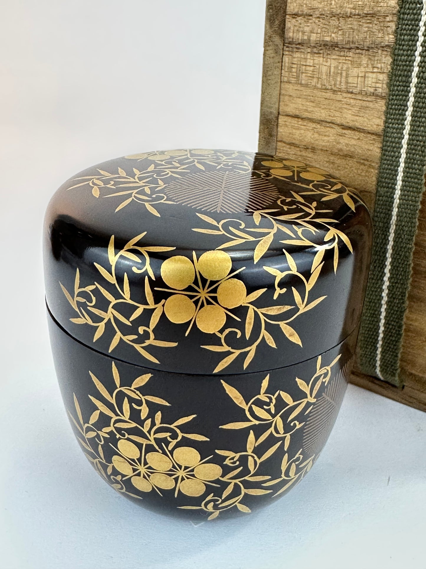 Vintage Japanese Lacquer Tea Caddy Natsume Maki-e Bamboo Plum Pine w/ Box