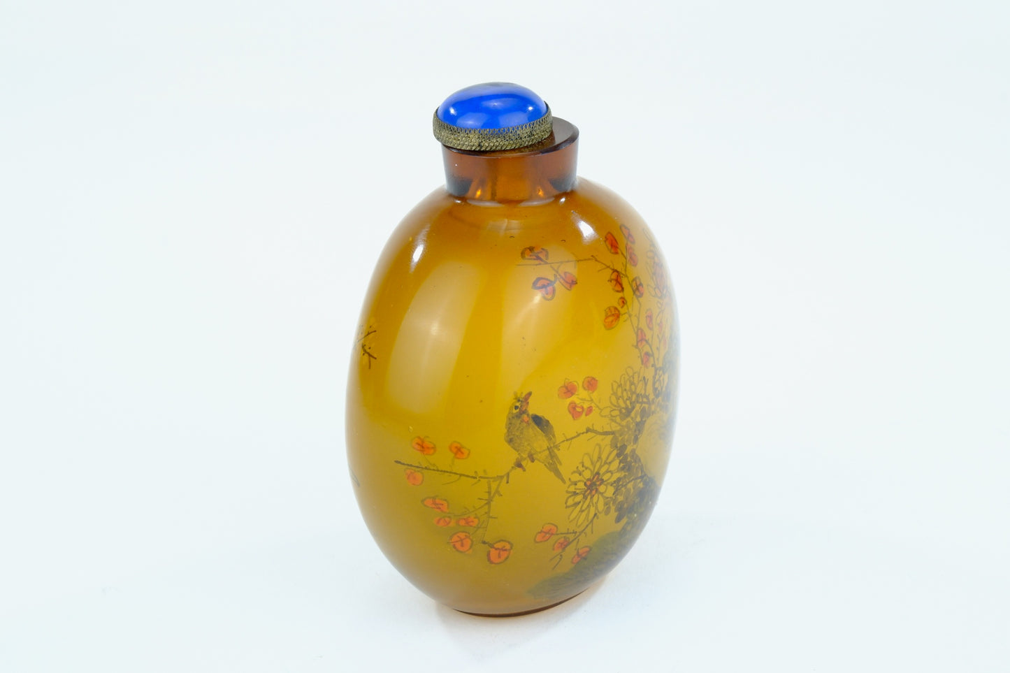 Chinese Amber Glass Interior Painted Snuff Bottle Birds Flowers Blue Stopper