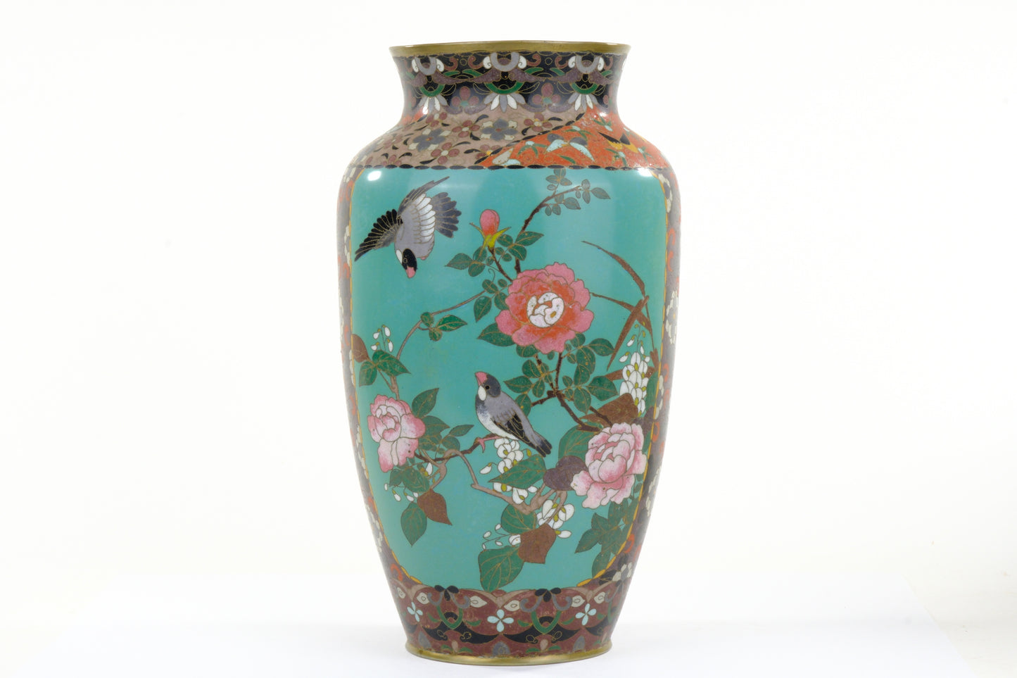 Antique Japanese Meiji Era (c1880) Cloisonné Vase Geese in Flight & Flowers 12”