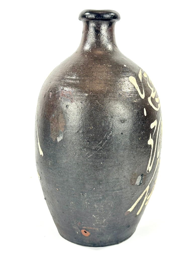 Antique Japanese Meiji Era c1880's Dark Glazed Stoneware Tokkuri Sake Jug White Slip Calligraphy 12"H