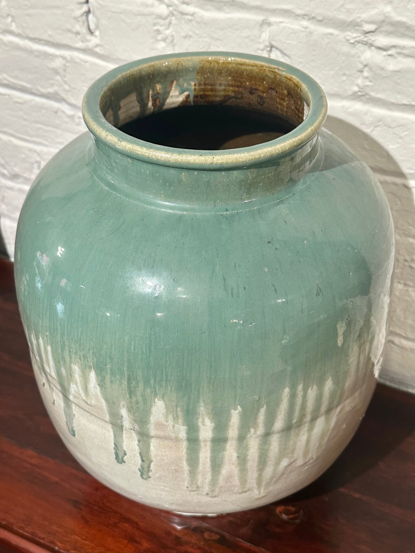 Antique Japanese Tsubo Urn Blue-Green Shigaraki Drip Glaze 16"H