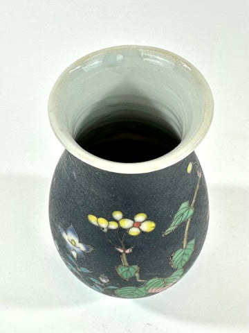 Japanese Meiji Taisho Totai Shippo Ceramic Cloisonne Vase Black Ground Pink Floral 5"H