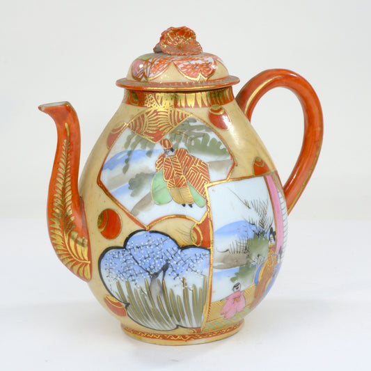 Antique Japanese Satsuma Ware Coffee Pot Bijin Figures Wisteria Shishi Finial Meiji