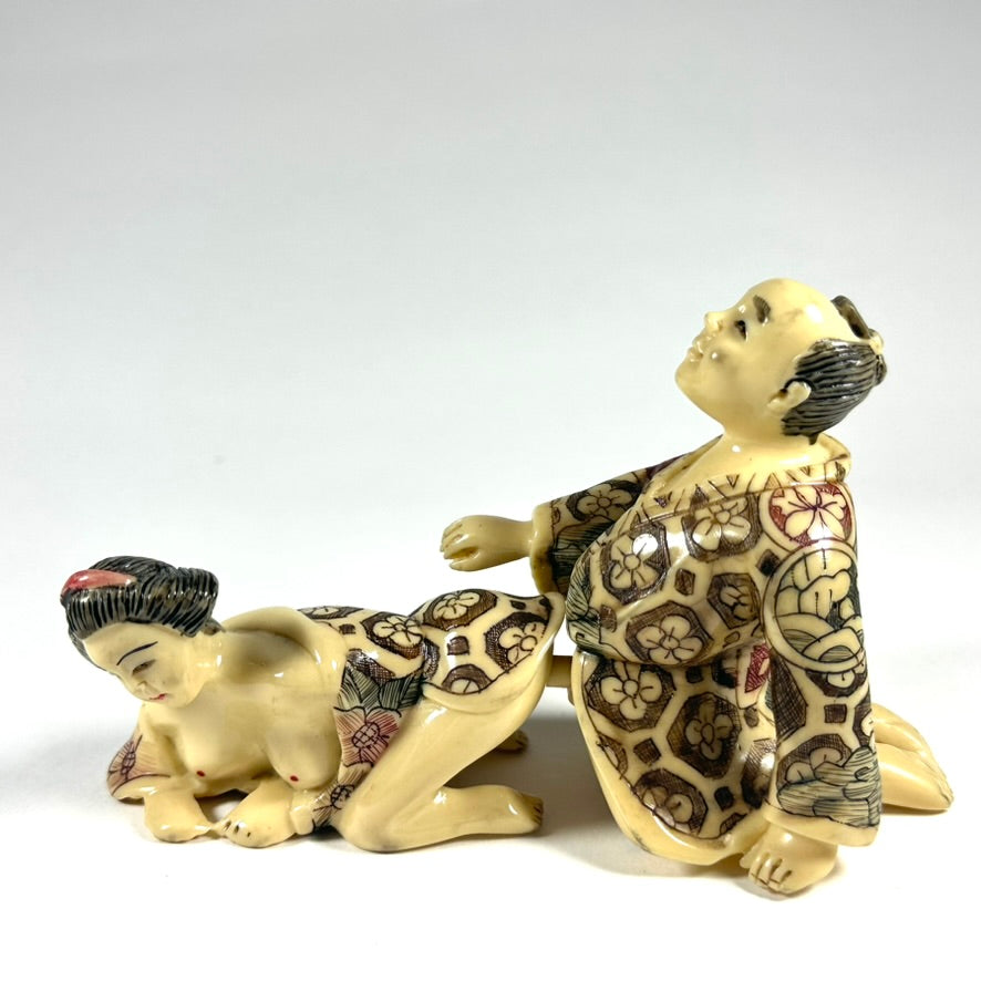 Vintage Japanese Shunga Erotic Figurine Couple Faux-Ivery Resin Hand Painted Showa e